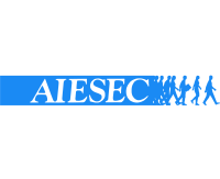 AIESEC concordia student union logo, blue line with blue caricatures of people walking out of the line